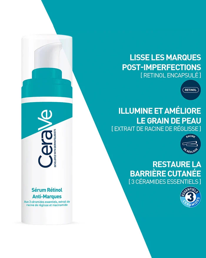 CERAVE Sérum Rétinol 3 bénéfices anti-marques renouvellement cutané rétinol céramides niacinamide efficacité prouvée - novaparapharmacie