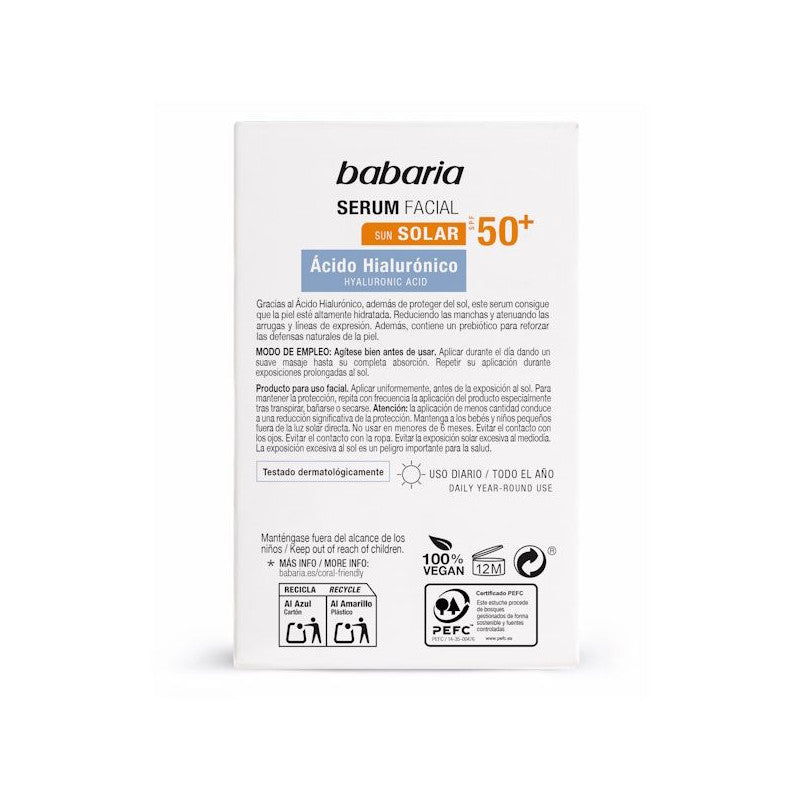 BABARIA Sérum Visage à l'Acide Hyaluronique SPF 50+ sérum anti-âge protection solaire acide hyaluronique antioxydants peptides - novaparapharmacie