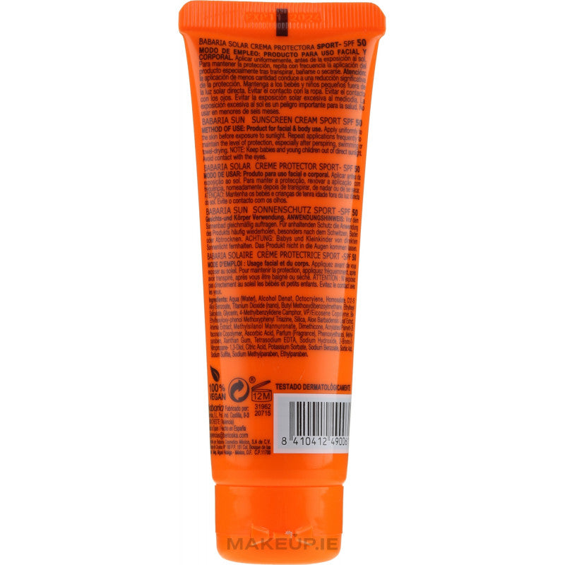 Crème BABARIA Sport Sun Screen SPF 50 75ml solaire sport SPF 50 résistante eau spécial sport texture crème UVA UVB transpiration - novaparapharmacie