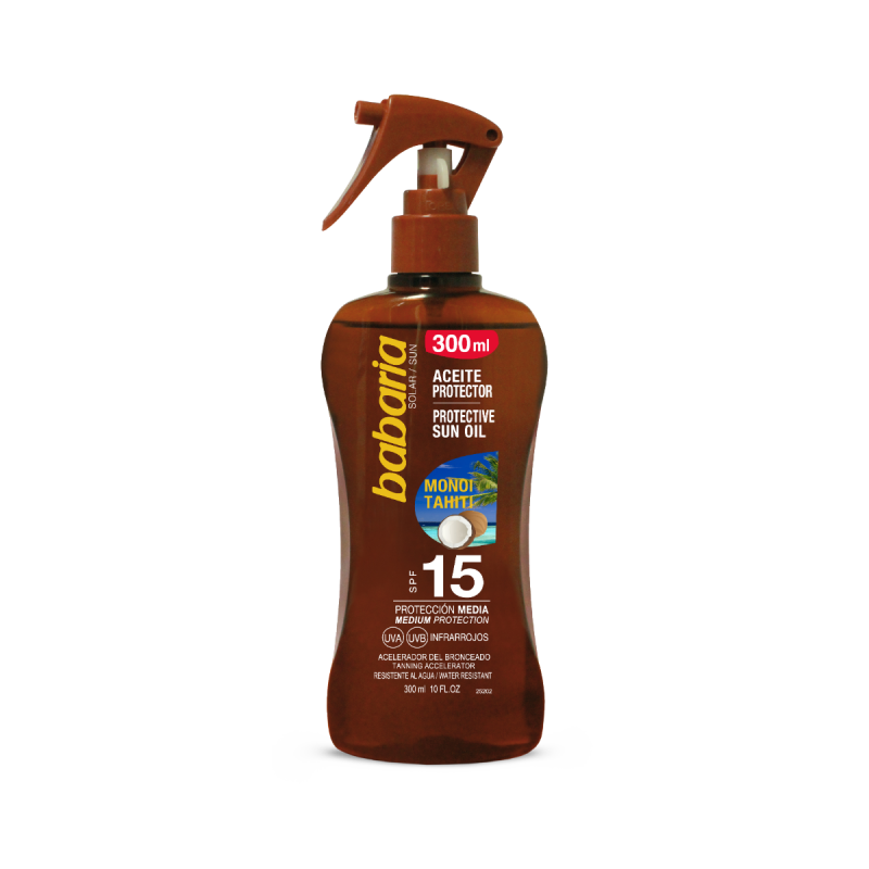 BABARIA Spray Huile Solaire Protectrice Monoï de Tahiti SPF15 300ml protection moyenne bronzage doré hydratation - novaparapharmacie