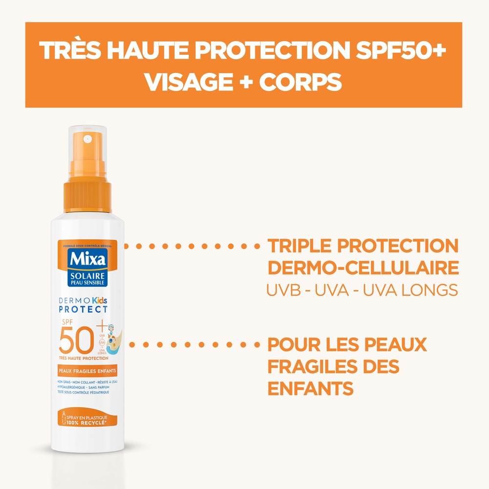 MIXA Solaire Kids Spray Pédiatrique SPF50+ 150ml Protection Solaire Enfants Peaux Fragiles Hypoallergénique Résistant Eau - Nova Parapharmacie
