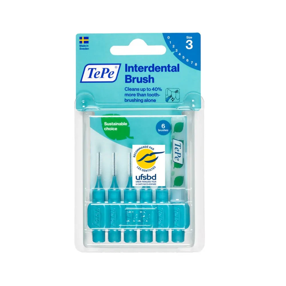 TePe 6 Brossettes Interdentaires 0.6mm Taille 3 Bleu brossettes interdentaires nettoyage brins souples manche ergonomique - novaparapharmacie
