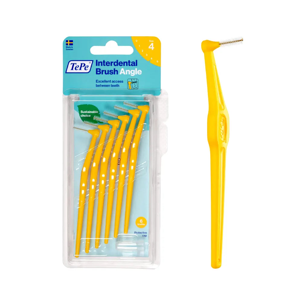 Coudées TePe 6 Brossettes Interdentaires Angle 0.7mm Taille 4 Jaune brossettes interdentaires tête coudée 0.7mm taille 4 brins souples 6 brossettes - novaparapharmacie