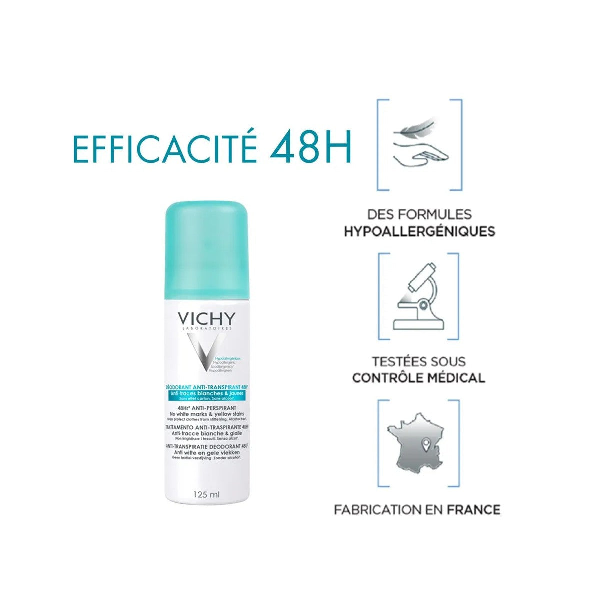VICHY Déodorant Aérosol bénéfices anti-transpirant 48H anti-traces jaunes blanches protection eau thermale efficacité longue - novaparapharmacie