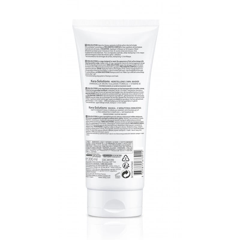 VICHY Dercos Kera-Solutions Masque 2 Minutes Réparateur 200ml tube blanc bleu cheveux abîmés kératine réparation - novaparapharmacie