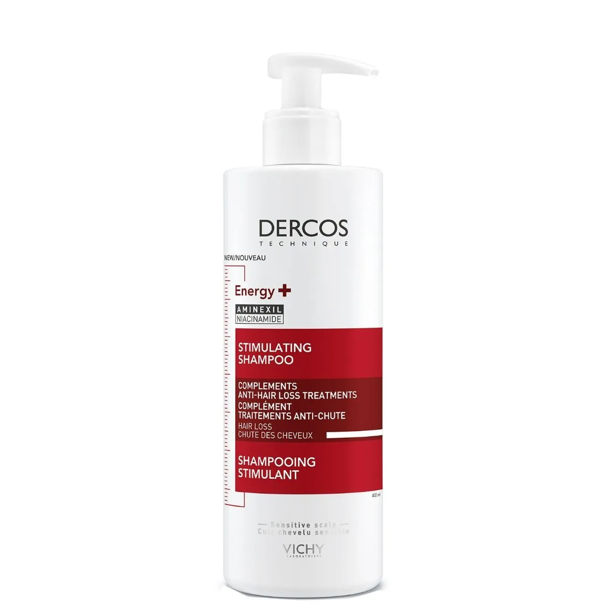 VICHY Dercos Shampooing Énergisant Anti-Chute 400ml flacon blanc vert force densité aminexil cheveux fragilisés - novaparapharmacie
