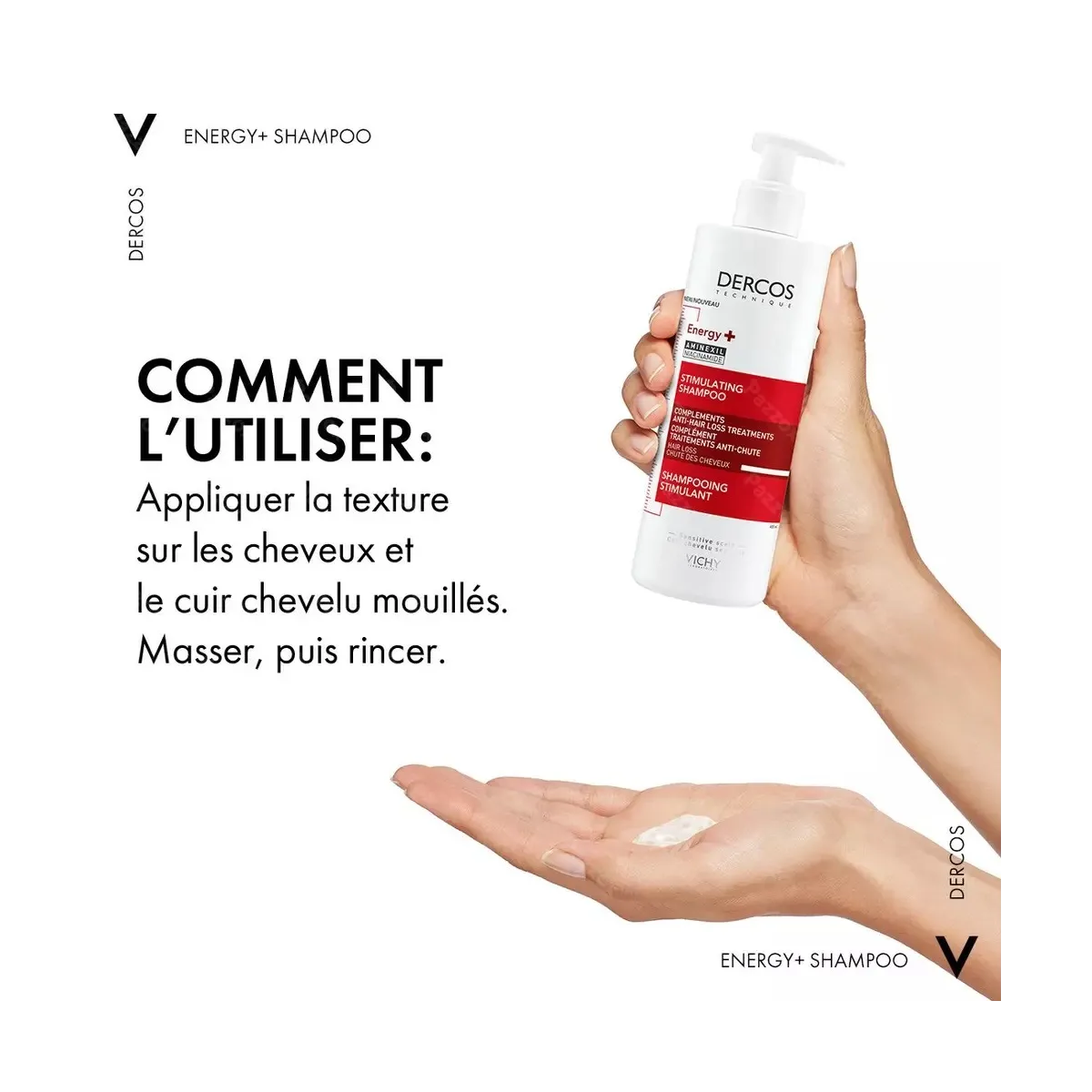 VICHY Dercos Shampooing application énergisant anti-chute force densité aminexil cheveux fragilisés lavage quotidien - novaparapharmacie