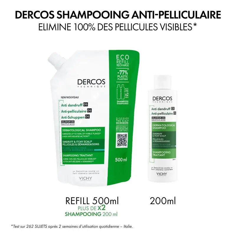 VICHY Dercos Shampooing packaging traitant antipelliculaire cheveux normaux gras pellicules élimination flacon pratique - novaparapharmacie