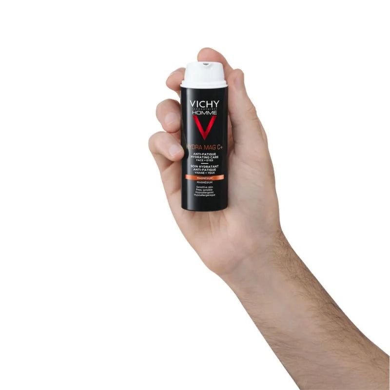 VICHY Homme Hydra Mag C+ Soin Hydratant 50ml tube blanc bleu anti-fatigue visage yeux vitamine C magnésium eau thermale - novaparapharmacie