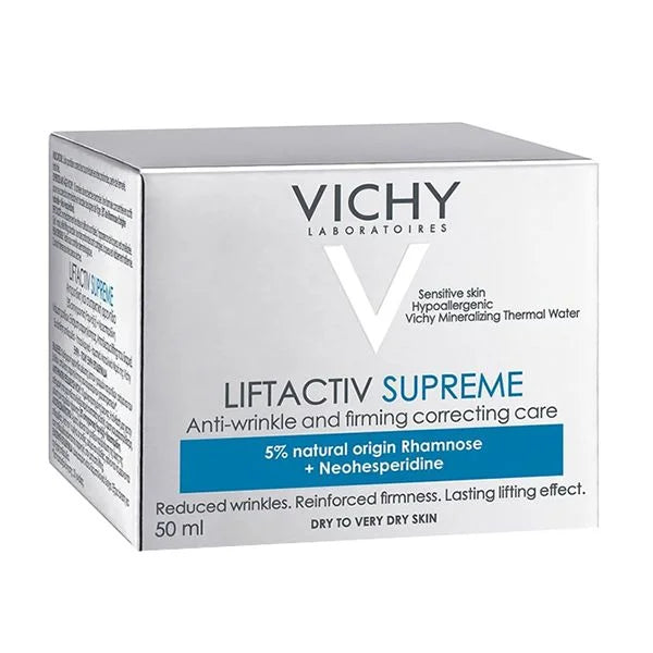 Packaging VICHY Liftactiv Supreme Soin Anti-Âge Peau Sèche 50ml Pot Crème Correction Rides Fermeté - novaparapharmacie
