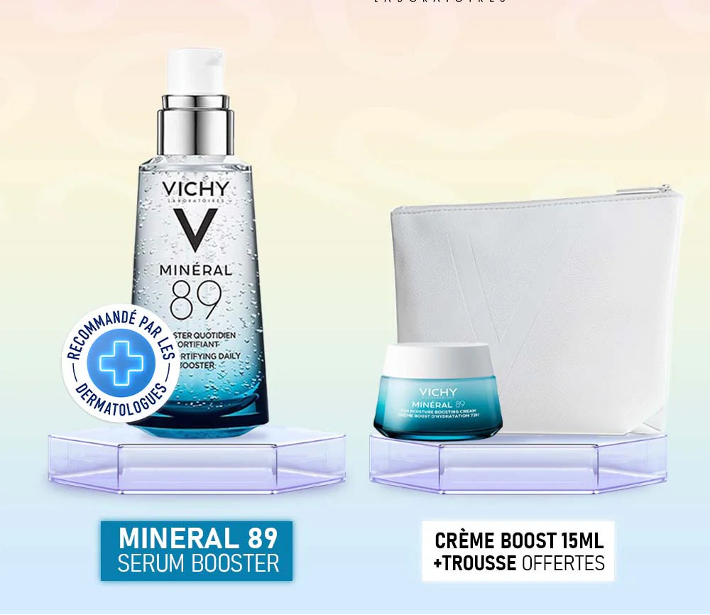 VICHY MINÉRAL 89 SÉRUM BOOSTER HYDRATANT FORTIFIANT ET REPULPANT 50 ML = TROUSSE + CREME BOOST 15ML OFFERTS | Nova Para