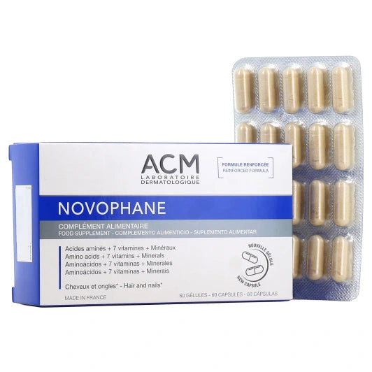 Packaging ACM Novophane 60 Capsules Boîte Cheveux Ongles Force Beauté 7 Acides Aminés - novaparapharmacie