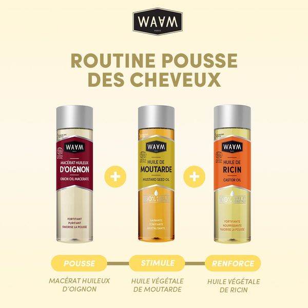 WAAM PACK d'Huiles Spéciales Pousse Cheveux Trio Stimulant Croissance Capillaire Ricin Nigelle Coco Bio Fortifiant Naturel